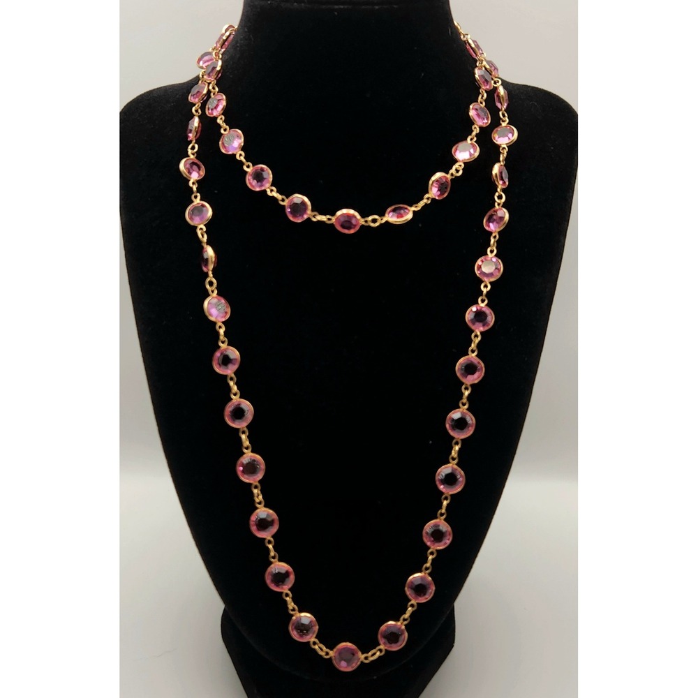 Vintage Pink Glass Station Necklace Gold Tone 36" Opera Length 9mm Open Bezel